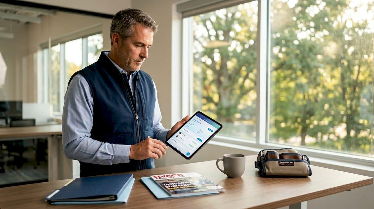 HVAC contractor reviewing job applications in office