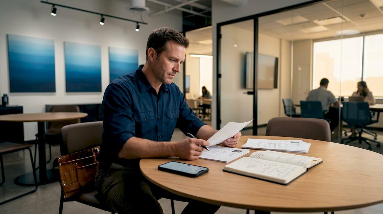 Contractor reviewing plumbing recruitment documents