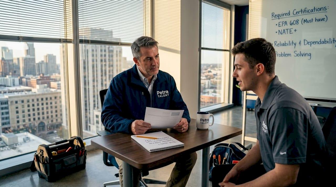 HVAC contractor interviewing technician candidate