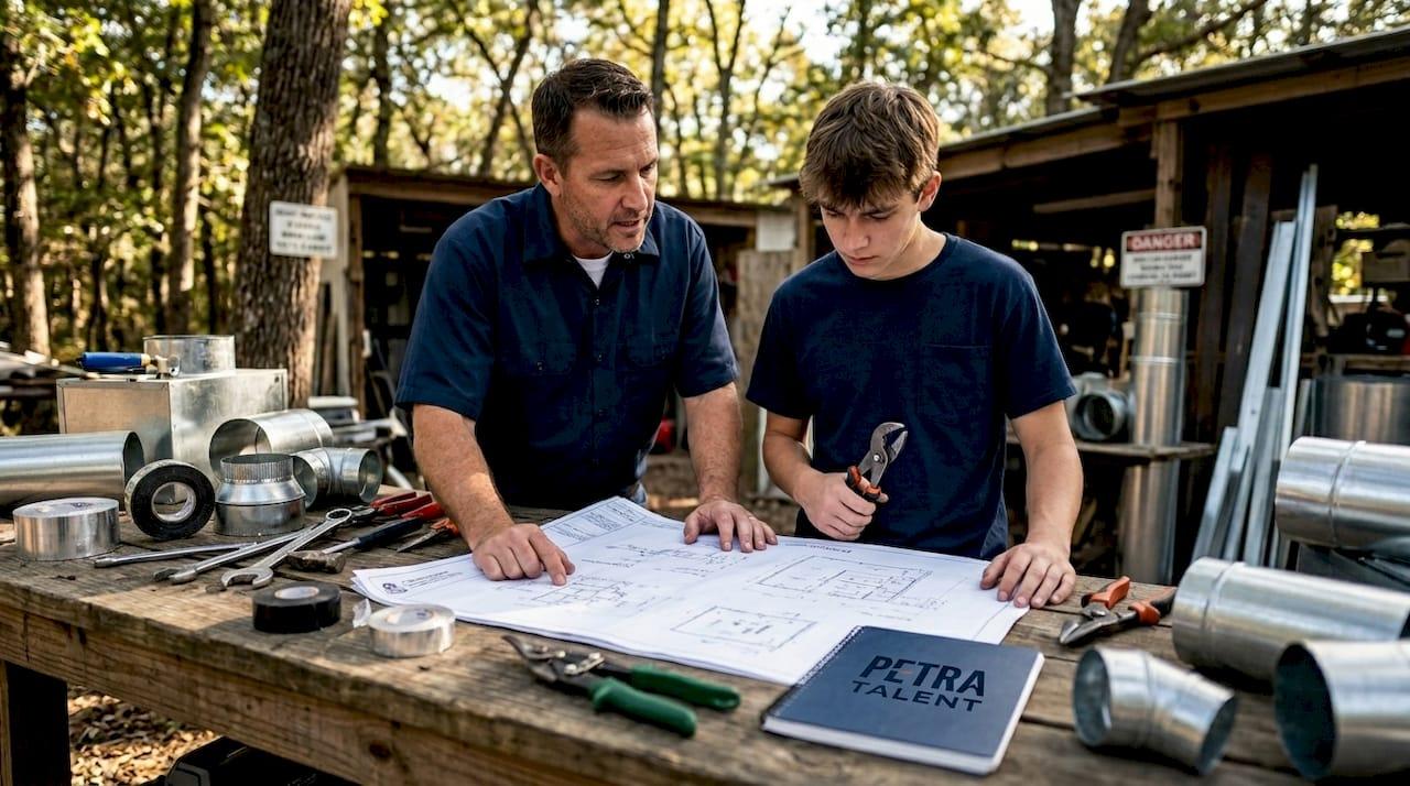 Senior HVAC tech teaches apprentice in workshop