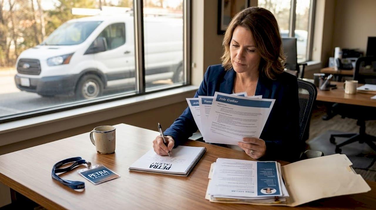 Recruiter reviewing contractor resumes in real office