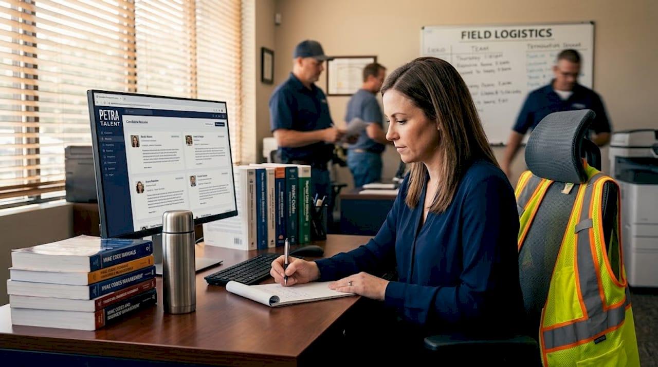 HR manager reviewing resumes in contractor office
