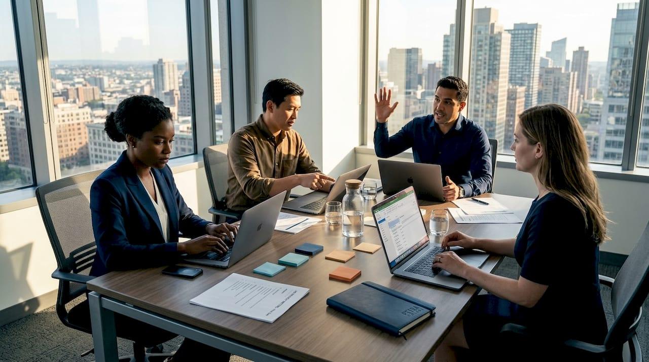 HR team consulting around meeting table in office