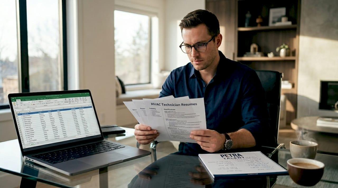 Recruiter reviewing HVAC technician resumes at desk