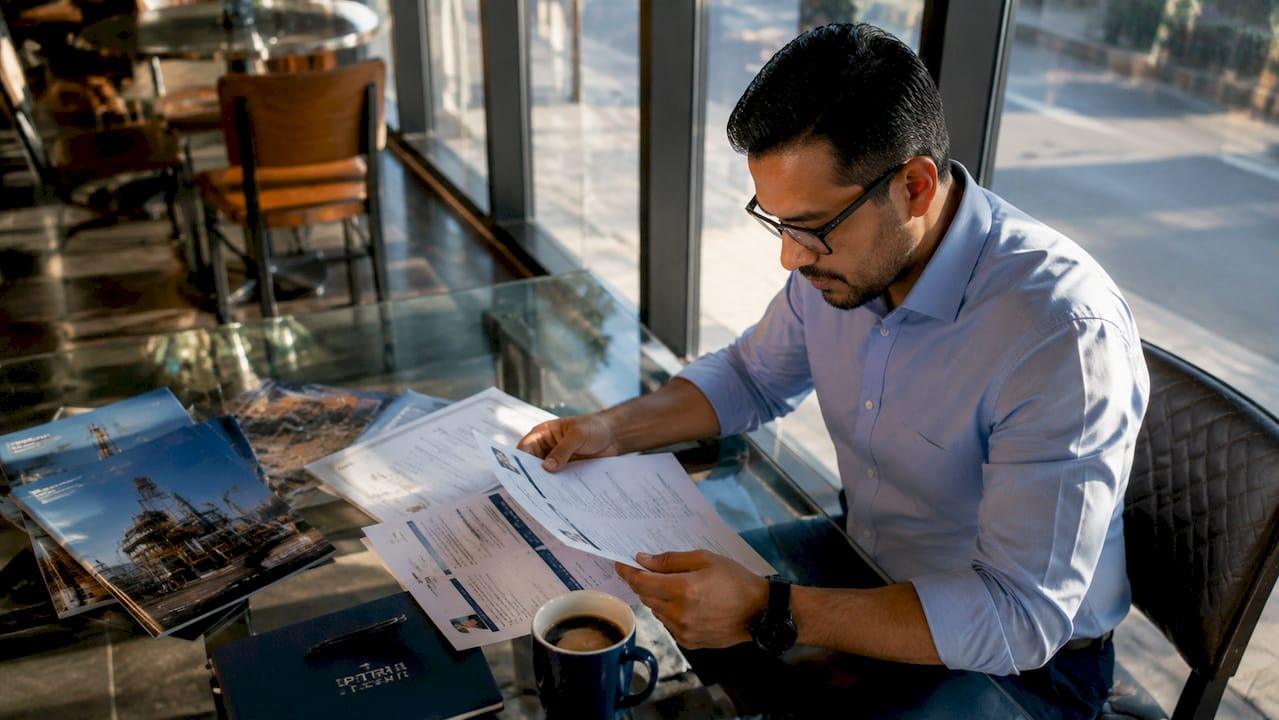 Recruiter reviewing trade candidate documents in coworking space