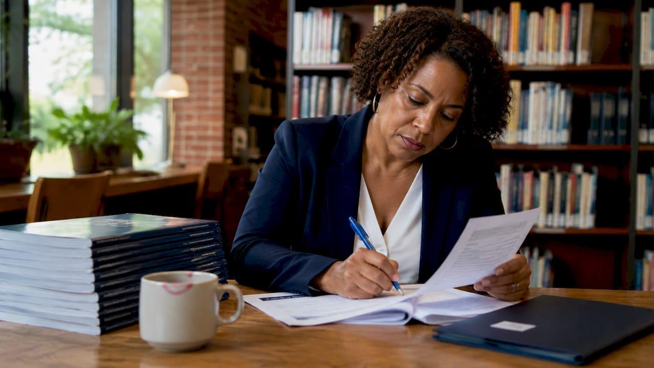 Female recruiter reviewing HVAC resumes in office
