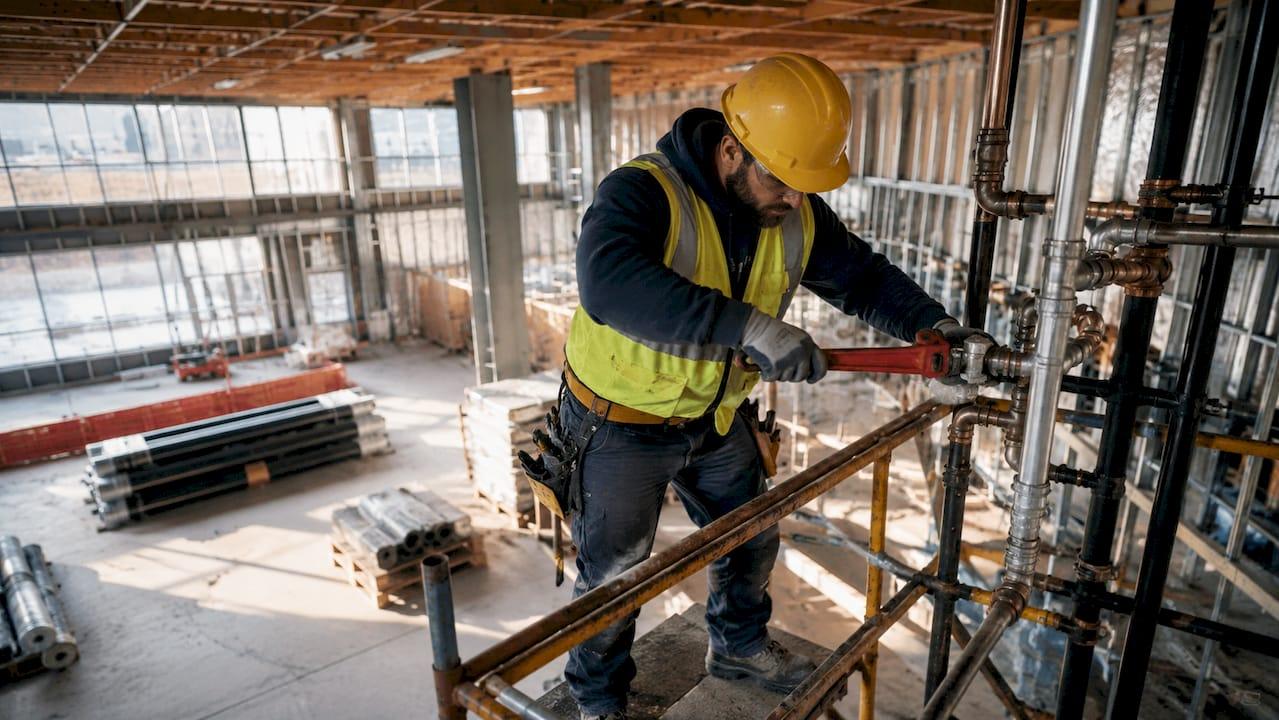 Construction plumber installing pipes indoors