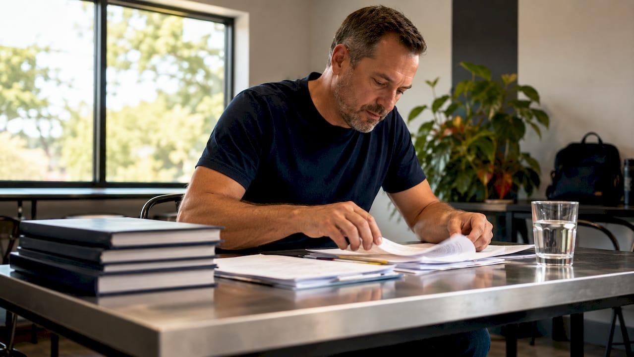 Contractor reviewing plumbing apprentice files