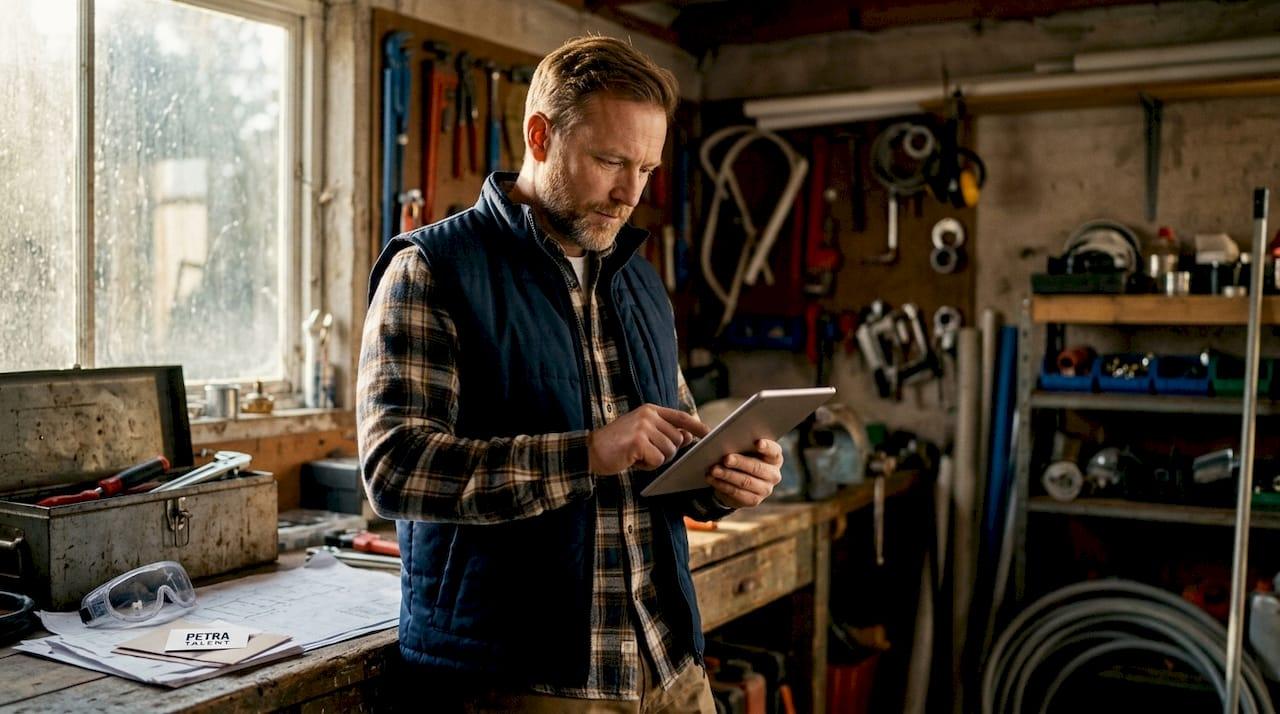 Plumbing contractor reviewing candidates on tablet