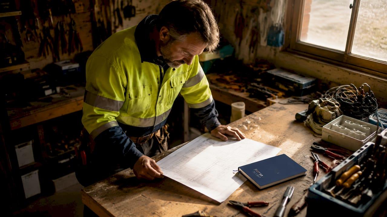 Electrician reviewing plans at construction site