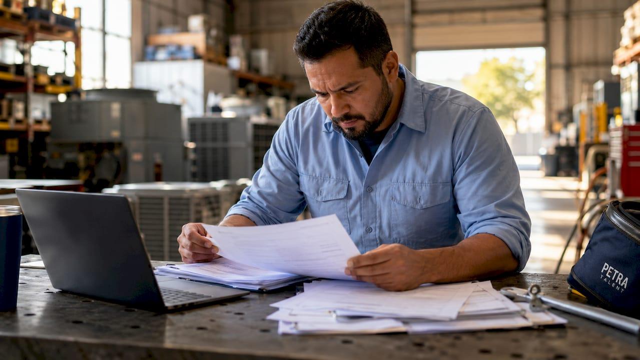 HVAC manager reviewing job applications at desk
