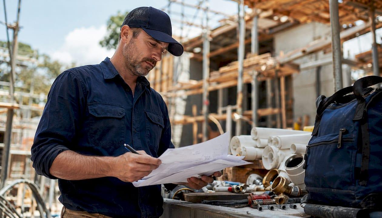 Plumbing contractor reviewing labor market reports