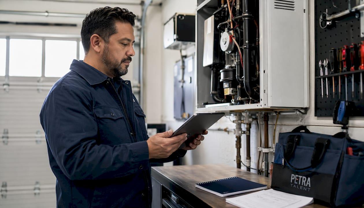 HVAC technician inspecting equipment with tablet