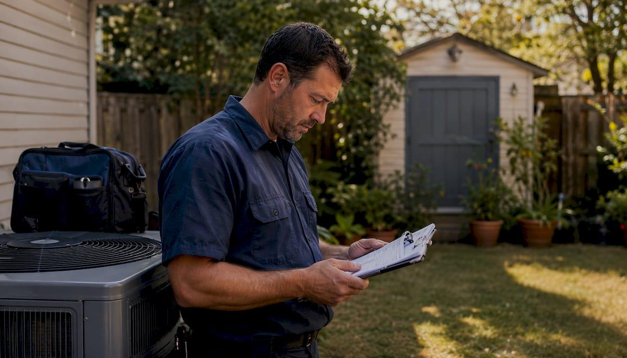 HVAC technician reviewing callback reports at desk