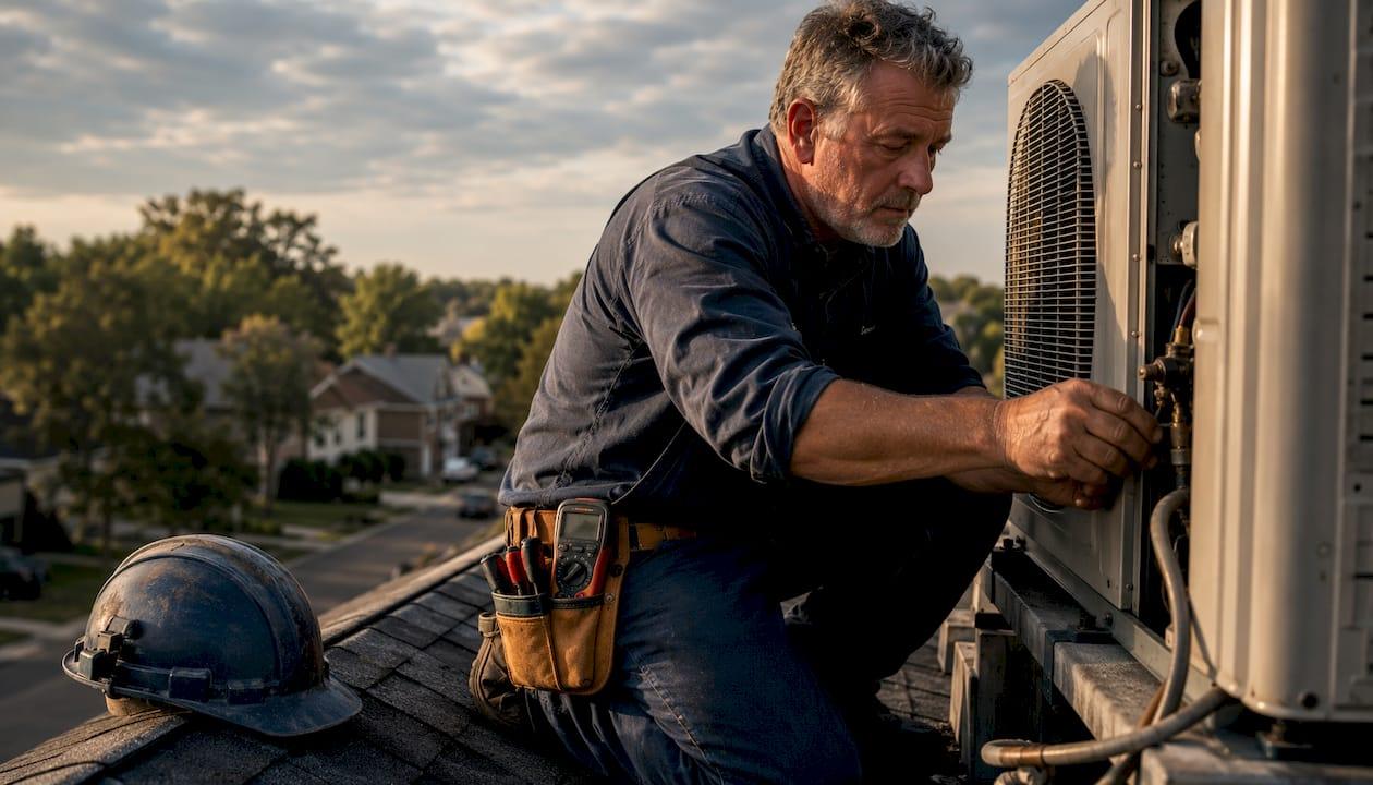 Technician working on rooftop HVAC unit