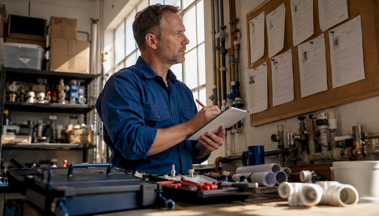 Plumbing contractor reviewing candidate resumes in office