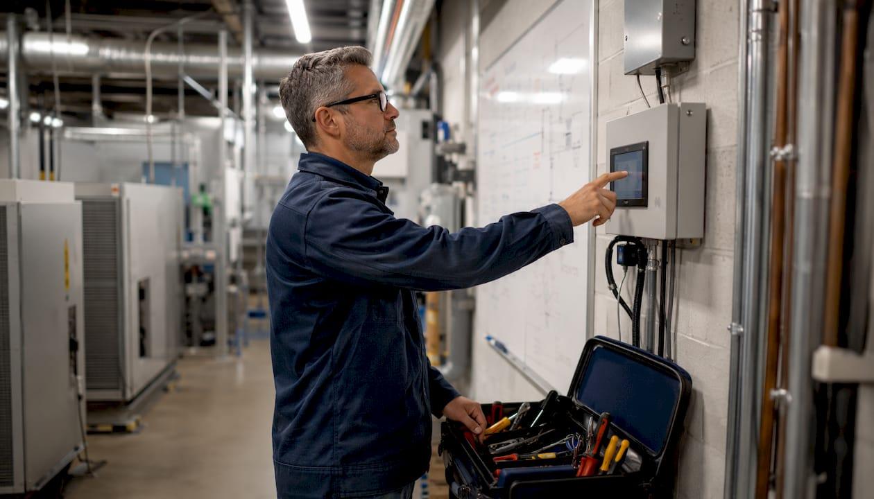 HVAC controls technician at control panel in mechanical room