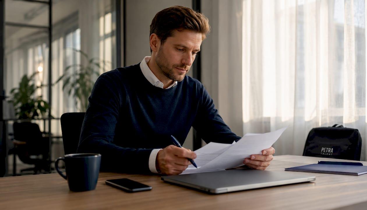 Insurance recruiter reviewing resumes at desk