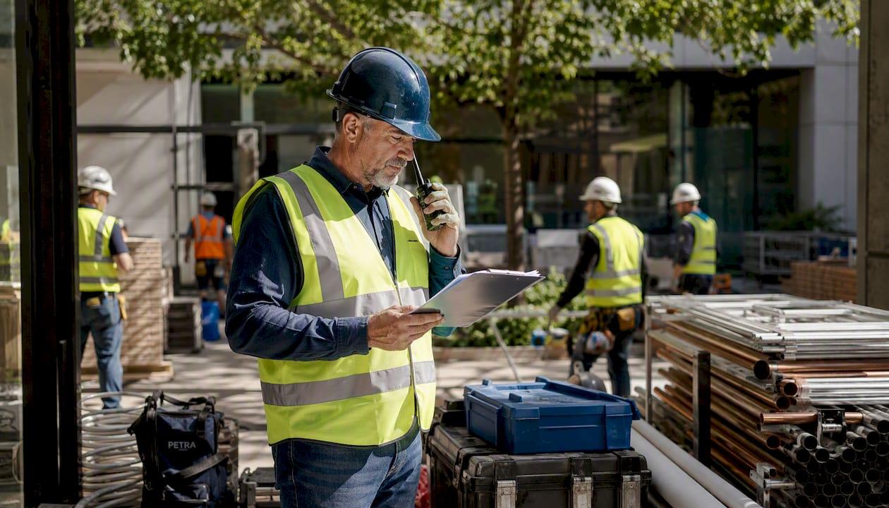 HVAC manager reviewing skilled labor at construction site