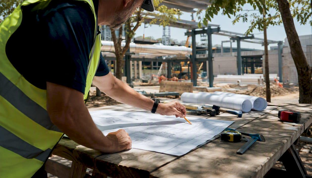 Foreman pointing to construction blueprints outdoors
