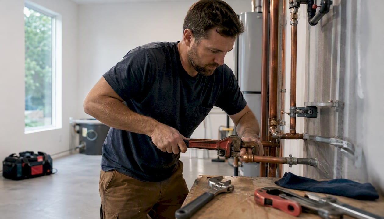 Journeyman plumber fitting a pipe joint