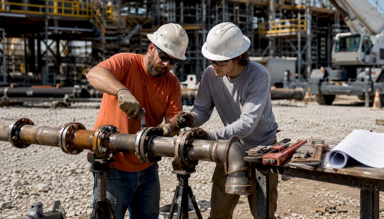 Journeyman guiding apprentice on pipe fitting