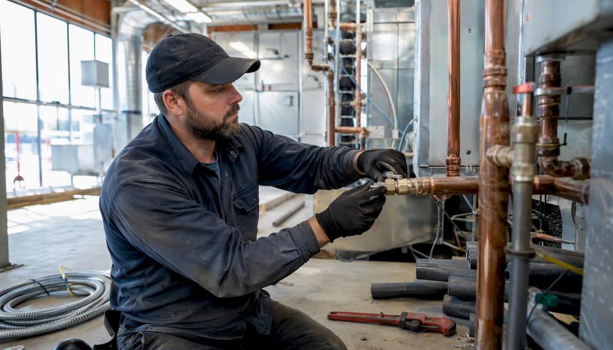 Plumber tightening copper pipe joint in mechanical room