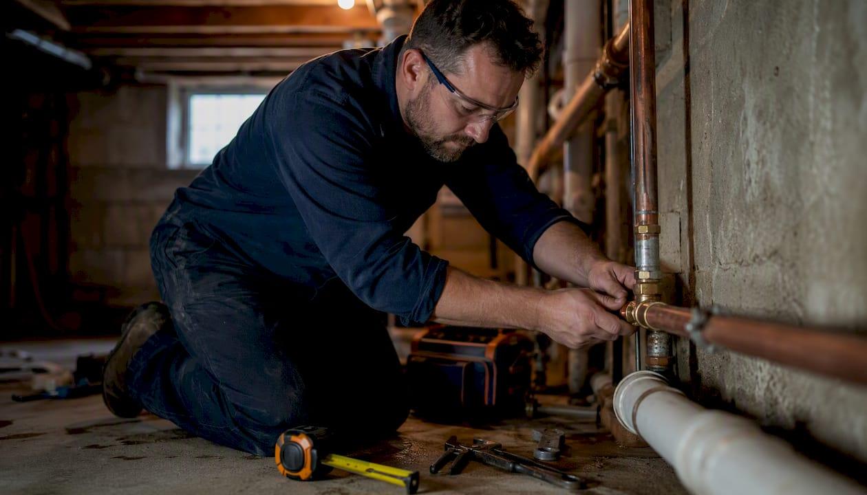 Plumbing technician tightening pipe fitting