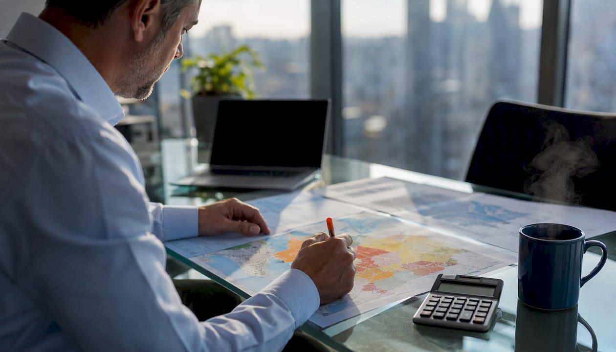Underwriter marking risk maps at desk