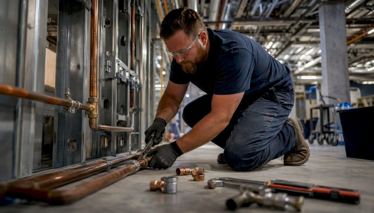 Plumber connecting pipes on construction jobsite