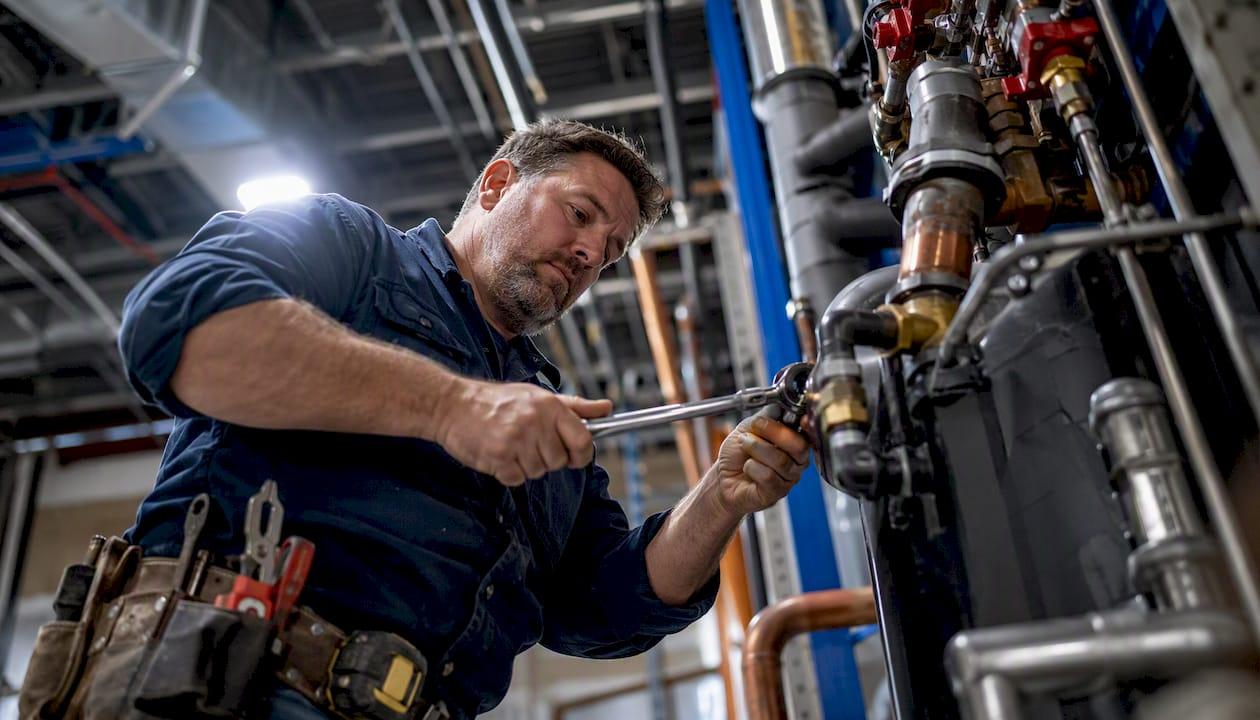 Mechanic tightening pipe fitting in mechanical room