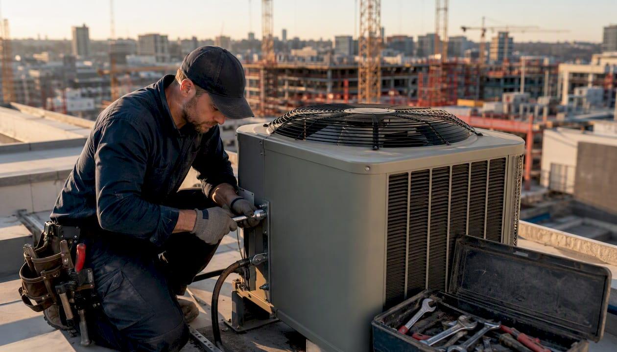 Contractor tightening bolts on rooftop HVAC unit