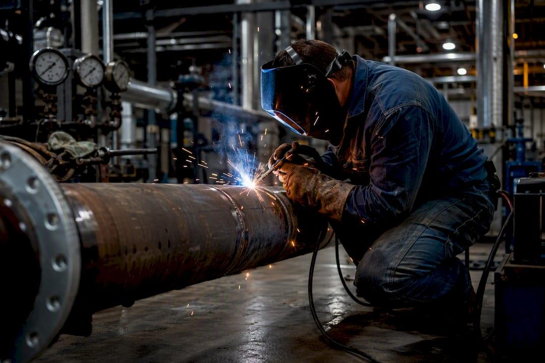 Pipefitter welding steel pipe in industrial plant