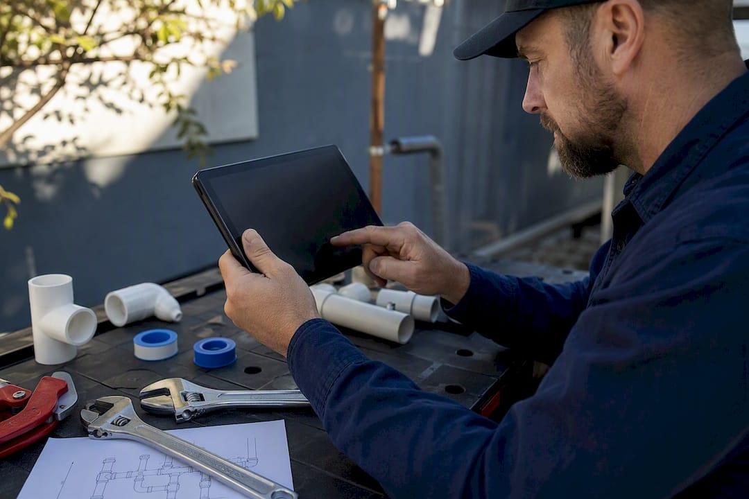 Plumber checking license info on tablet at workbench