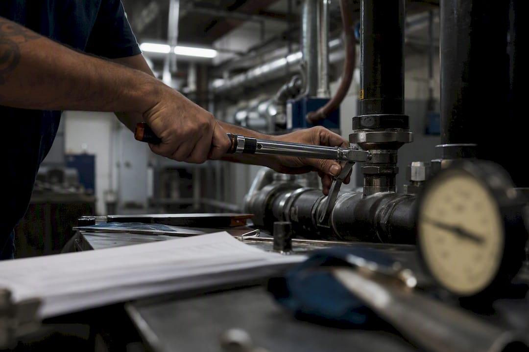 Mechanic hands adjusting pipe fittings