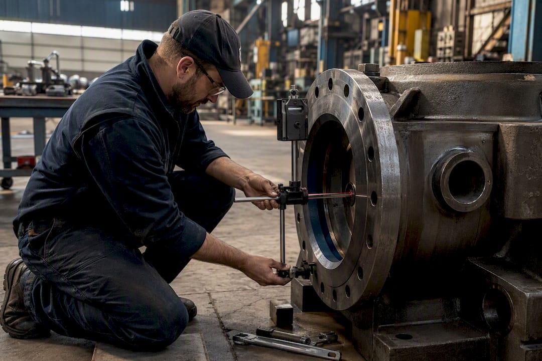 Millwright performing laser alignment on industrial machinery