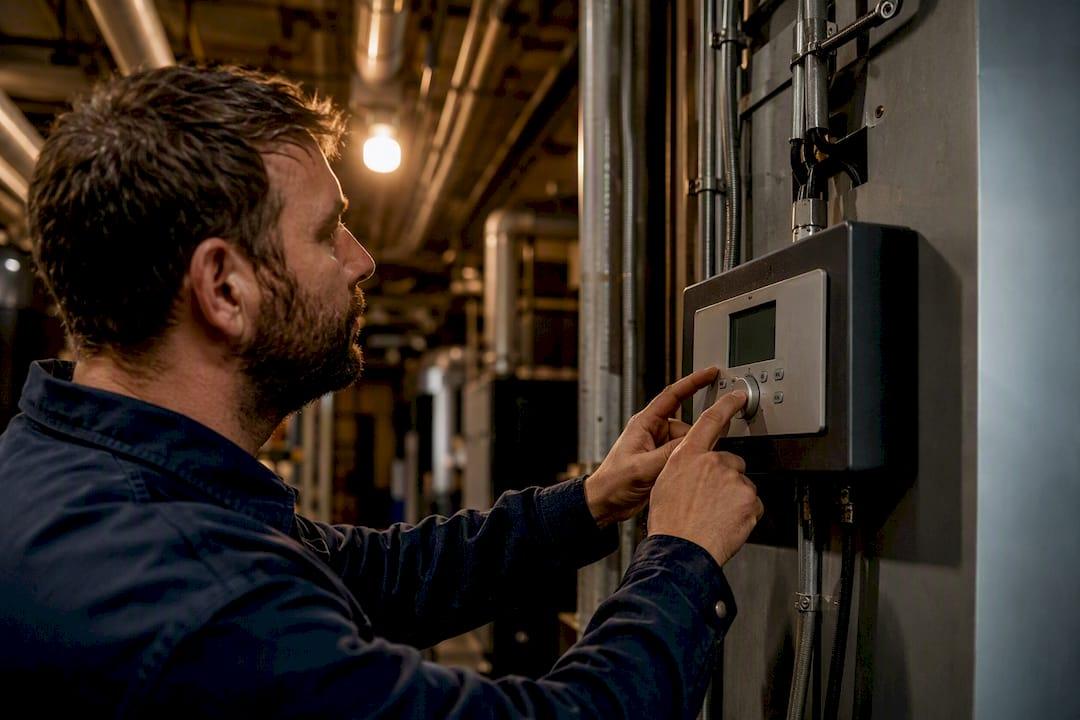Technician adjusting thermostat in mechanical room