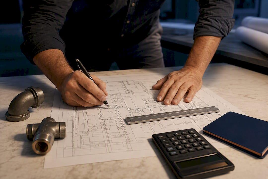 Estimator reviewing plumbing material takeoff