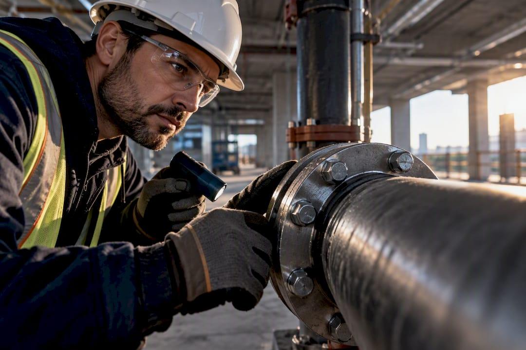 Supervisor inspecting newly installed pipe connection