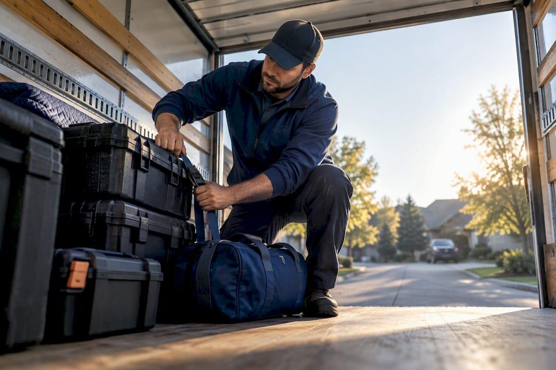 HVAC technician loading tools for relocation