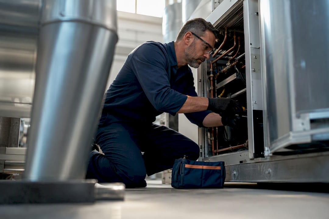 Veteran technician troubleshooting commercial HVAC equipment