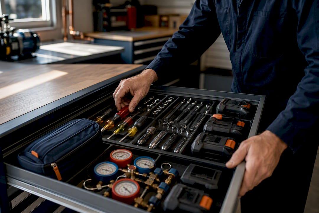 HVAC technician organizing service tools