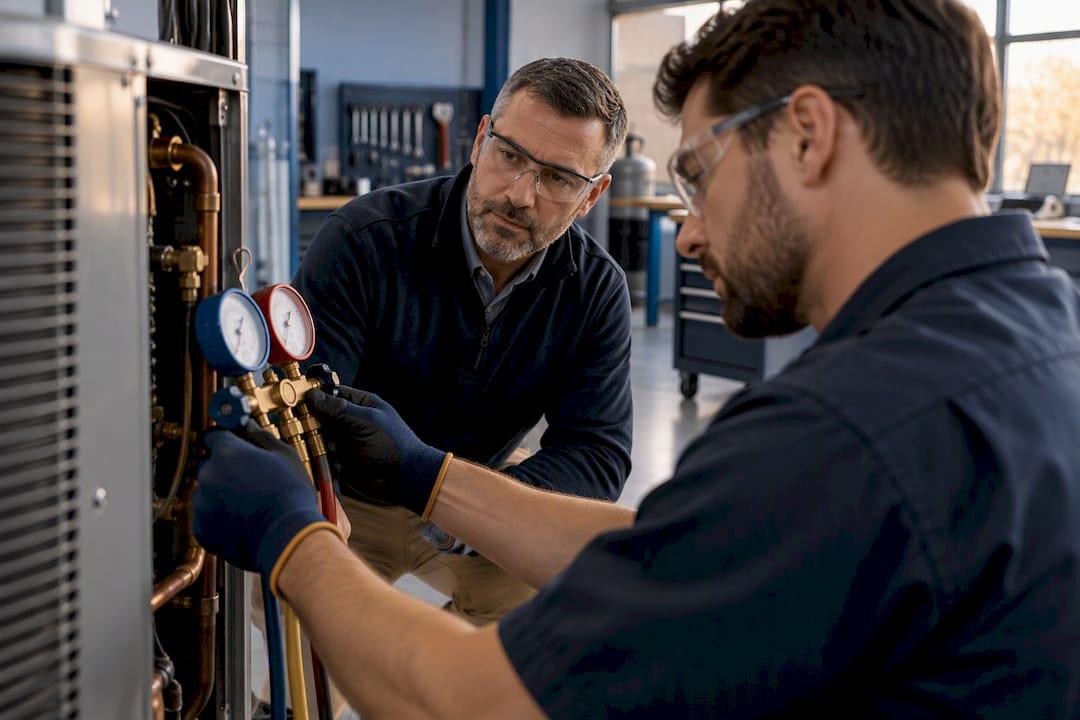 HVAC manager evaluating technician service work