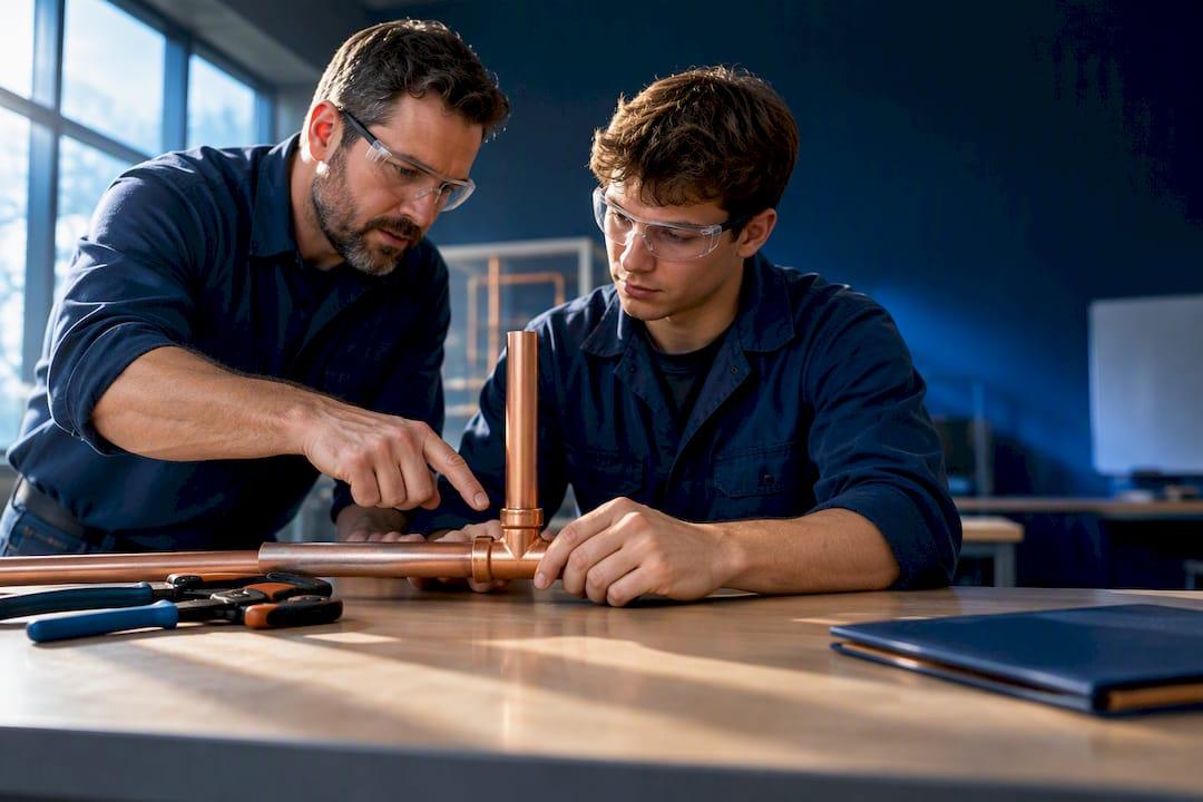 Plumber mentoring apprentice during hands-on training