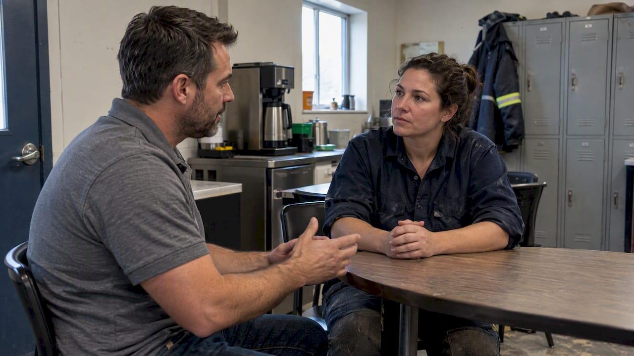 Manager discussing employment with construction worker